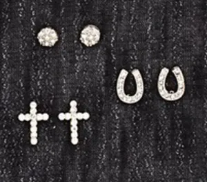 Silver Strike Ladies 3 Pair Studded Silver Earing Set