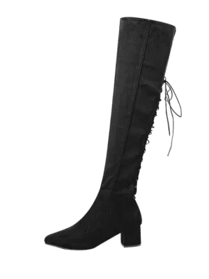 Trendy Chunky Heel Lace Up Over The Knee Boots