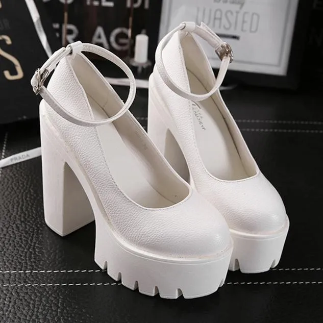 Women closed toe buckle ankle strap chunky platform heels