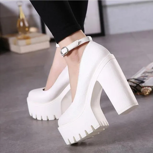 Women closed toe buckle ankle strap chunky platform heels