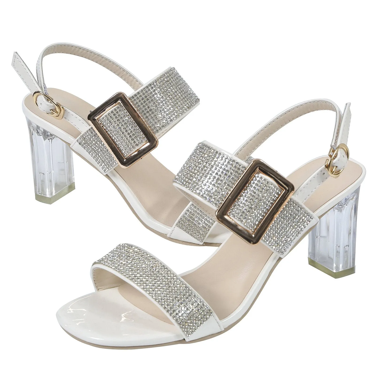 Women two strap clear chunky heel peep toe ankle strap rhinestone sandals