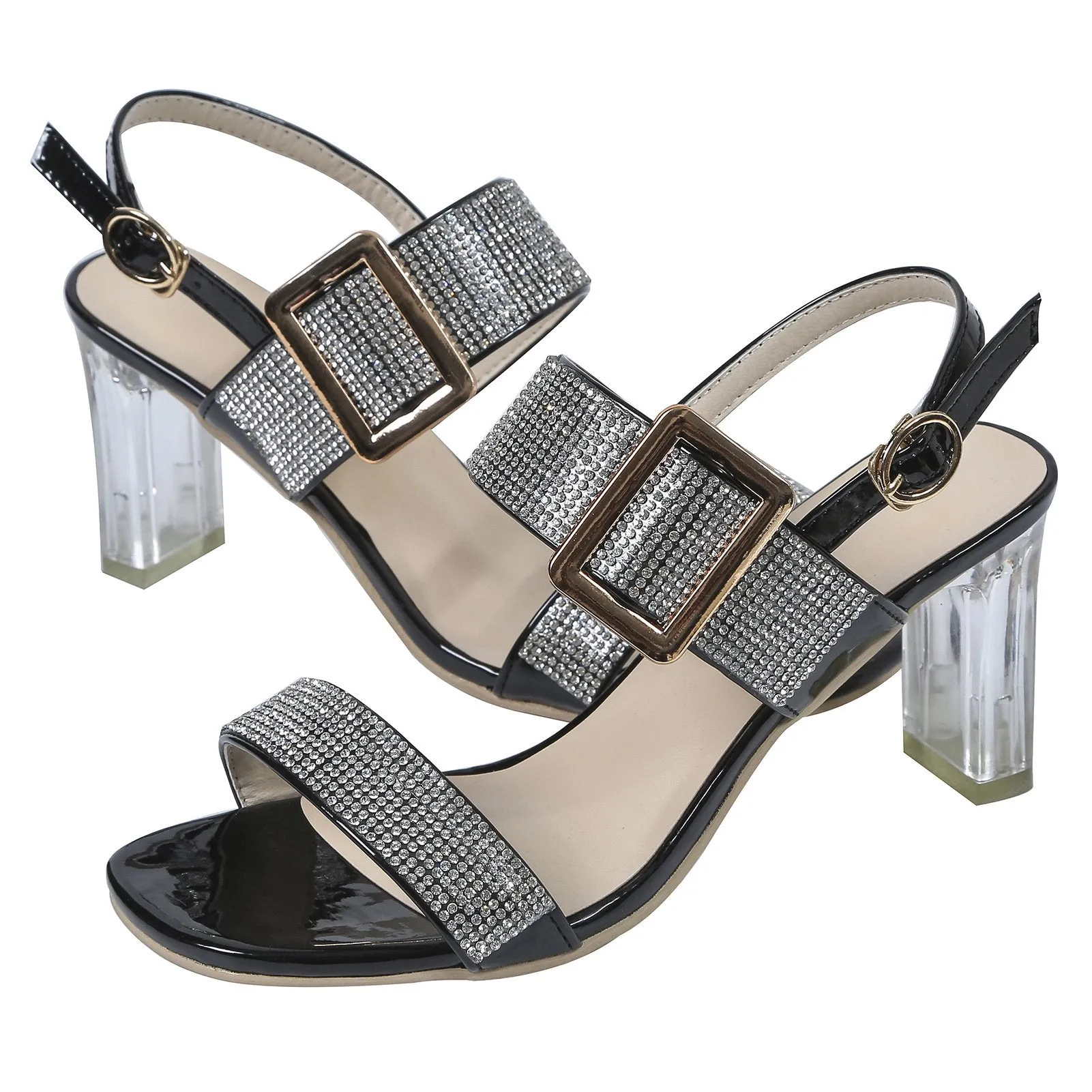 Women two strap clear chunky heel peep toe ankle strap rhinestone sandals