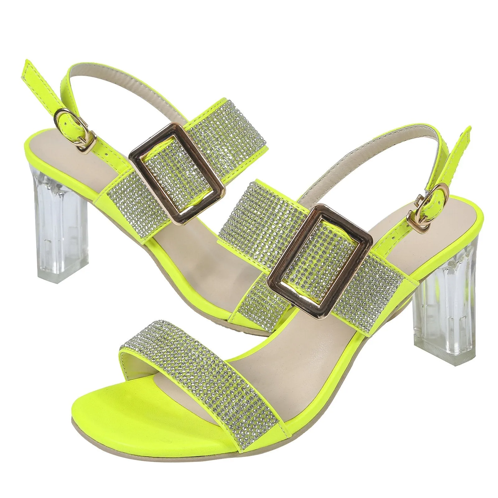 Women two strap clear chunky heel peep toe ankle strap rhinestone sandals