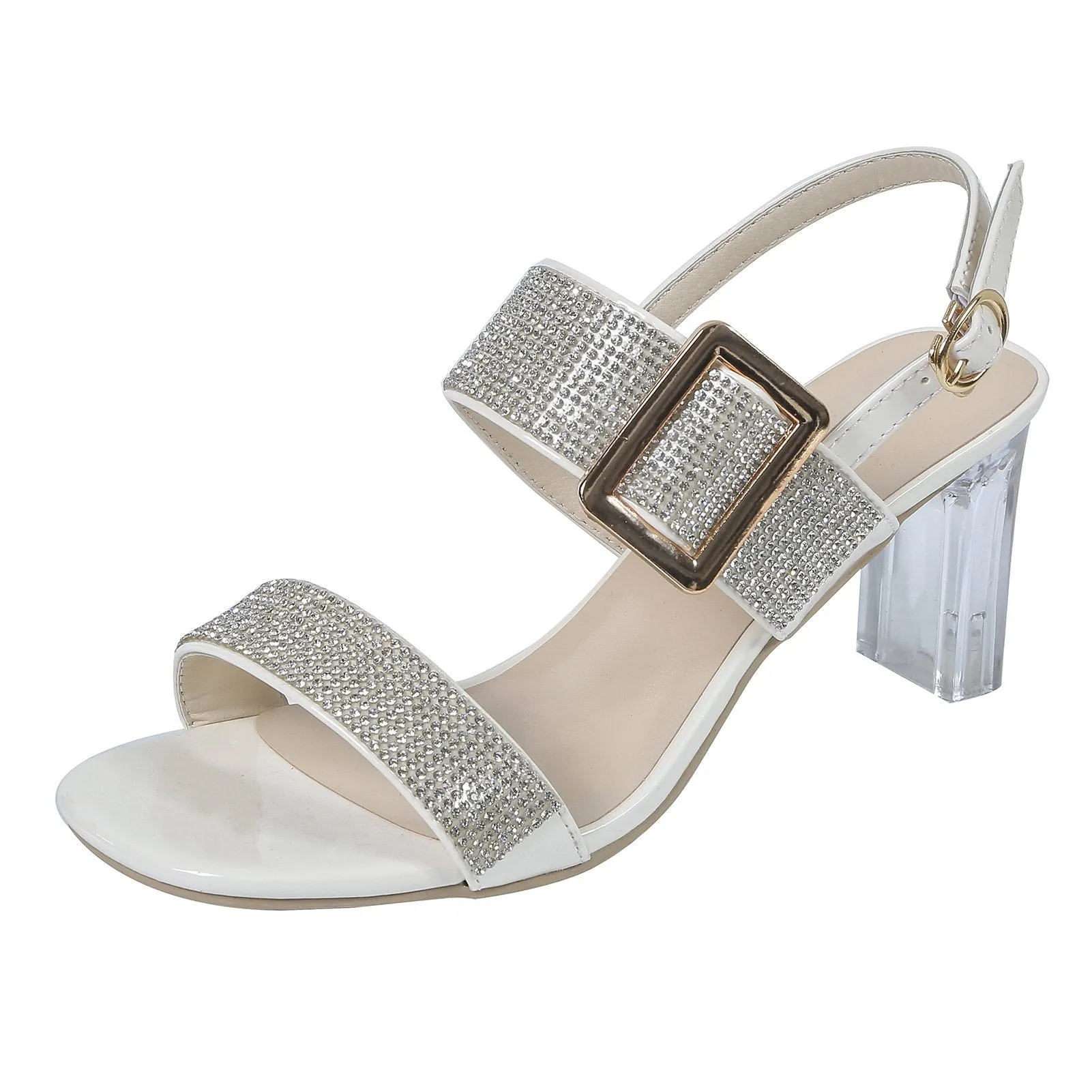 Women two strap clear chunky heel peep toe ankle strap rhinestone sandals