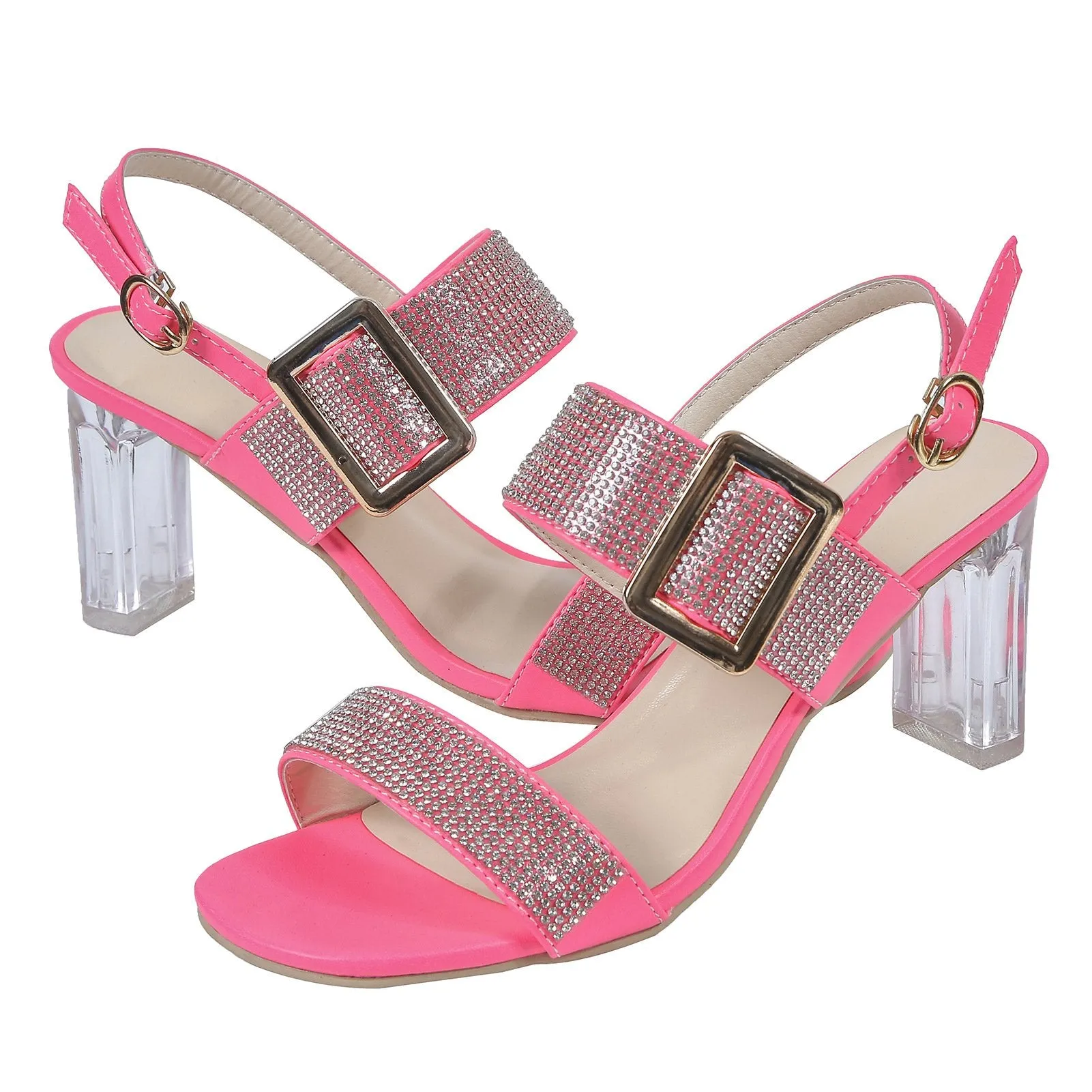 Women two strap clear chunky heel peep toe ankle strap rhinestone sandals