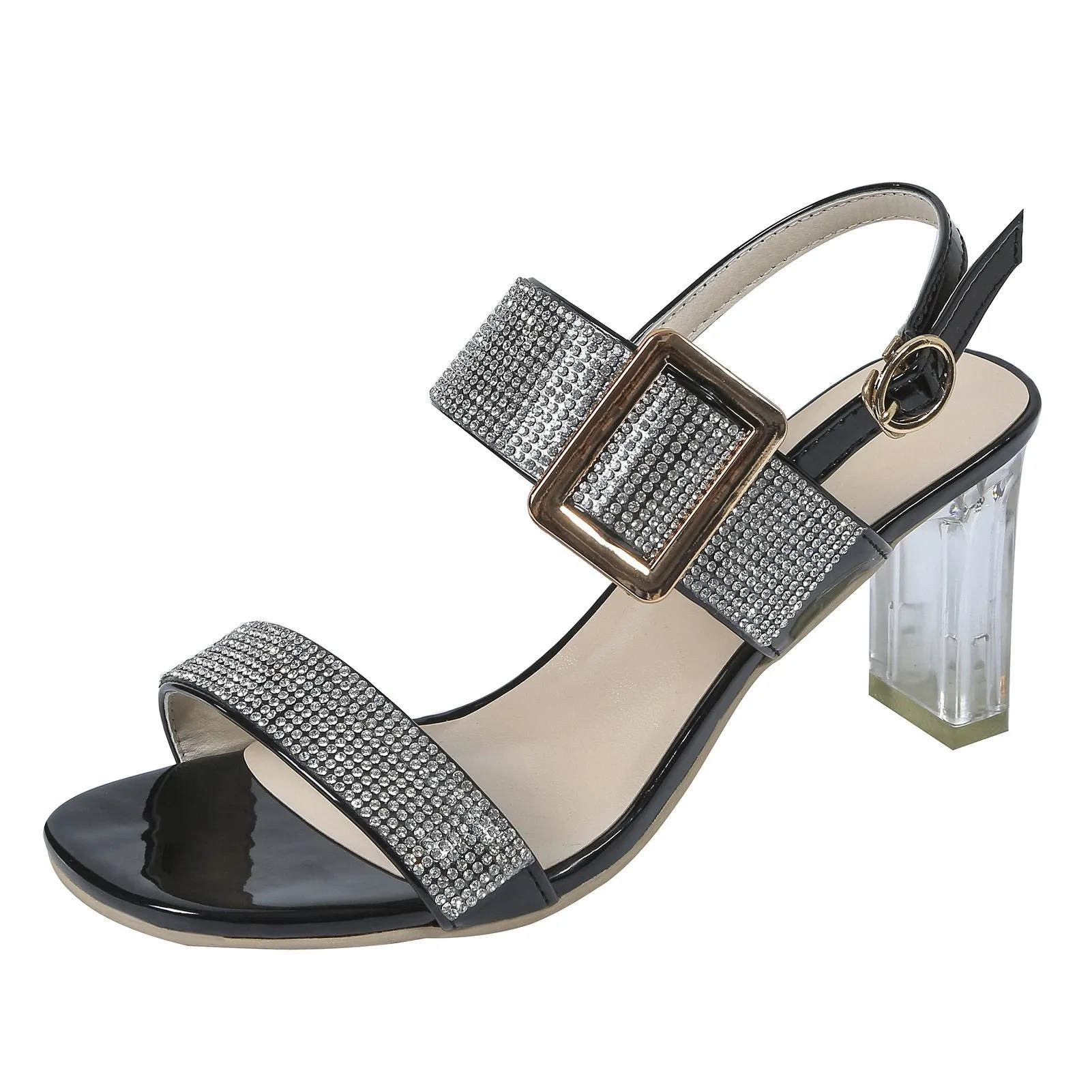 Women two strap clear chunky heel peep toe ankle strap rhinestone sandals